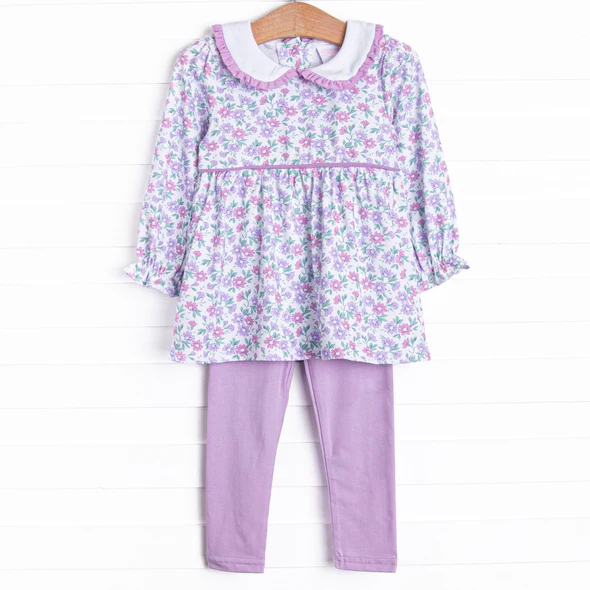 (Custom Design Preorder MOQ 5) Pink Flowers Tunic Top Purple Pants Girls Spring Clothes Set