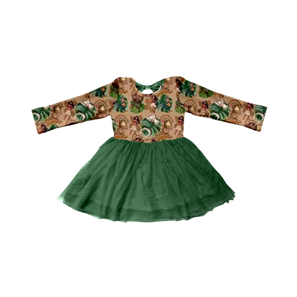 (Custom Design Preorder MOQ 5) Cartoon Princess Green Print Girls Knee Length Tulle Dress