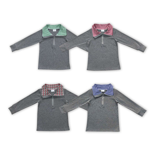 4 Plaid Print Collarband Grey Colorful Boys Long Sleeve Pullover Zipper Tee Shirts Top