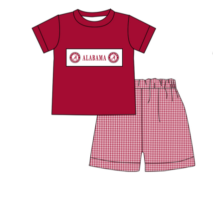 (Custom Design Preorder MOQ 5)  Team's ALABAMA Top Plaid Shorts Boys Summer Clothes Set