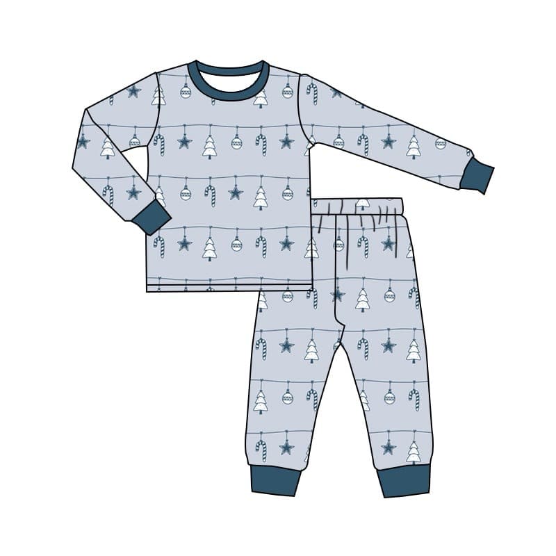 (Custom Design Preorder MOQ 5) Candy Cane Lights Gray Print Boys Christmas Bamboo Pajamas Clothes Set