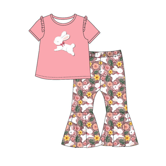 (Custom Design Preorder MOQ 5) Bunny Pink Top Flowers Bell Pants Girls Easter Clothes Set