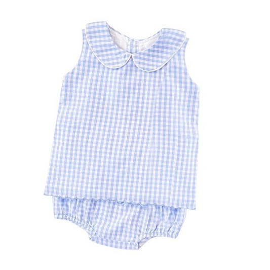 (Custom Design Preorder MOQ 5) Blue Plaid Shorts Baby Girls Summer Bummie Set