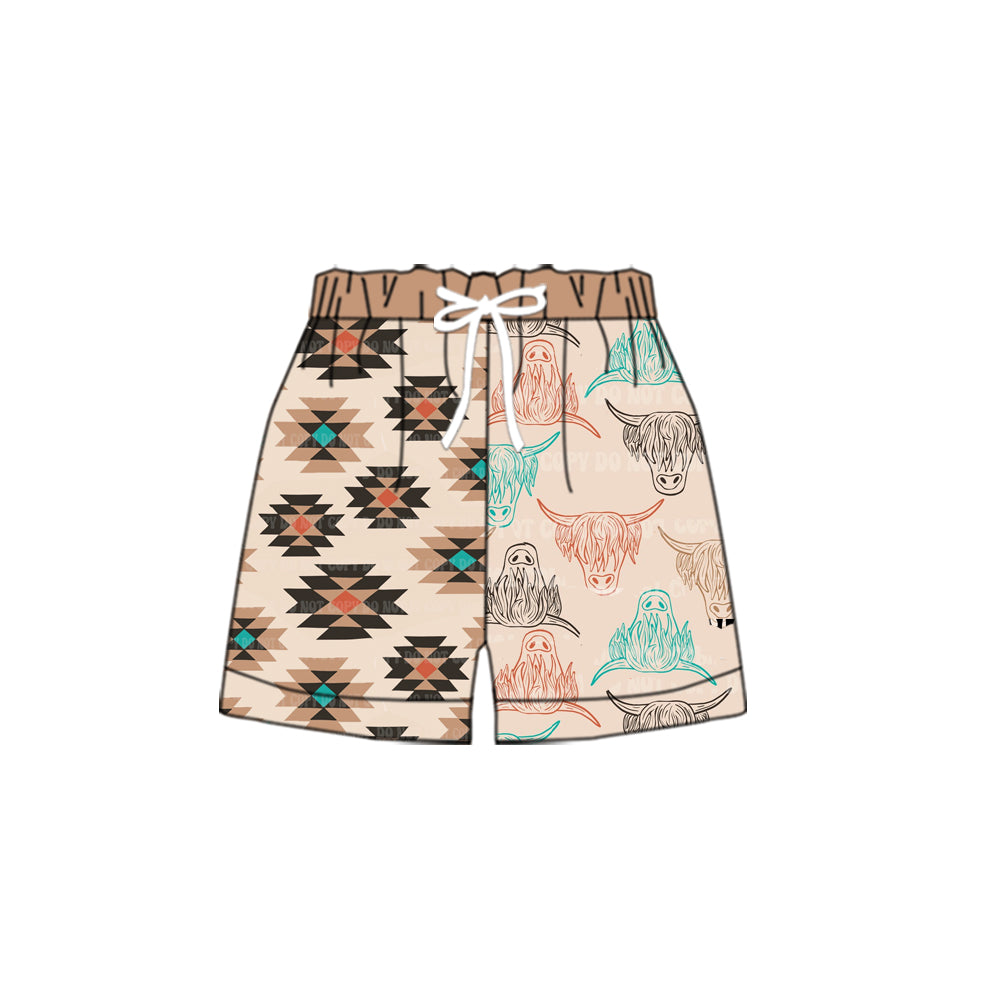 (Custom Design Preorder MOQ 5) Aztec Highland Cow Print Kids Western Bottom Shorts