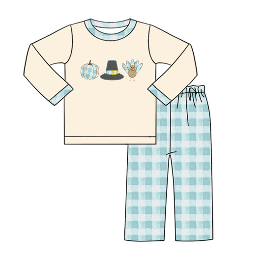 (Custom Design Preorder MOQ 5) Turkey Pumpkin Top Plaid Pants Boys Thanksgiving Clothes Set