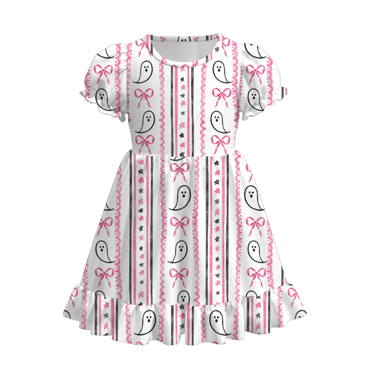 (Custom Design Preorder MOQ 5) Ghost Bows Print Girls Knee Length Halloween Dress