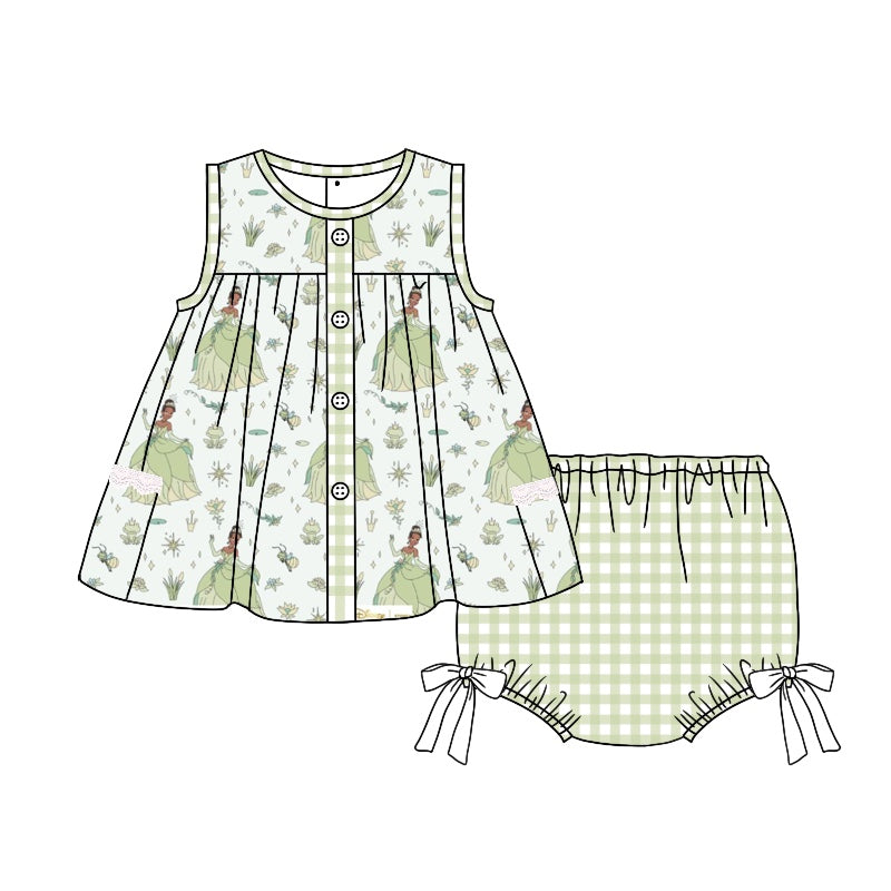 (Custom Design MOQ 5)  Princess Frog Print Baby Girls Summer Bummie Sets