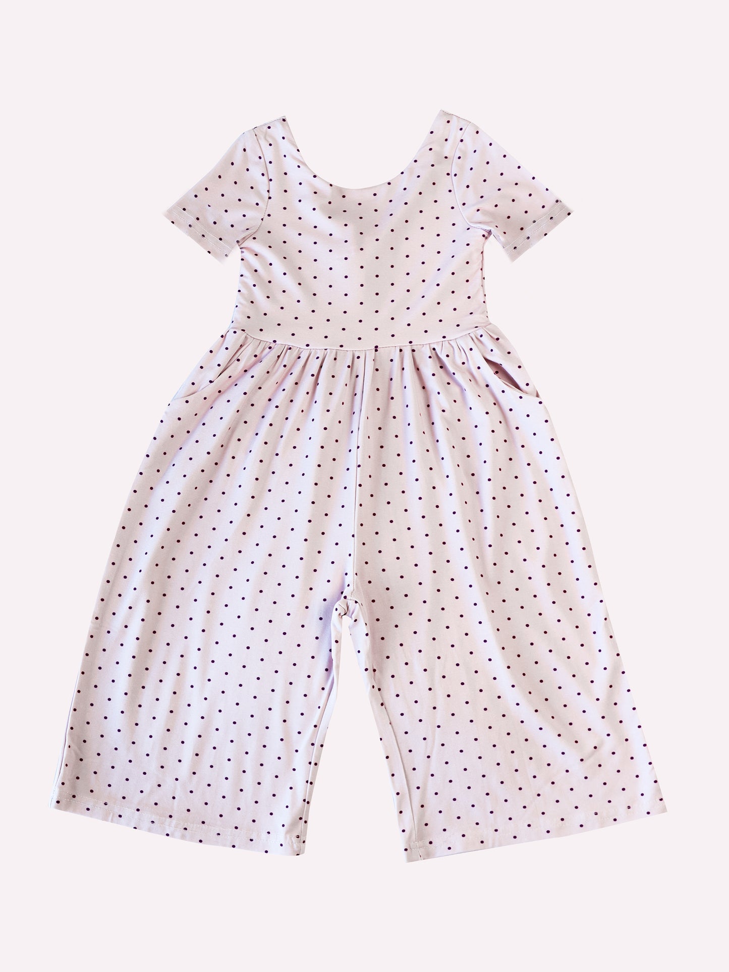 (Custom Design Preorder MOQ 5) Pink Dots Print Pockets Girls Swoop Back Short Sleeve Leggy Jumpsuits
