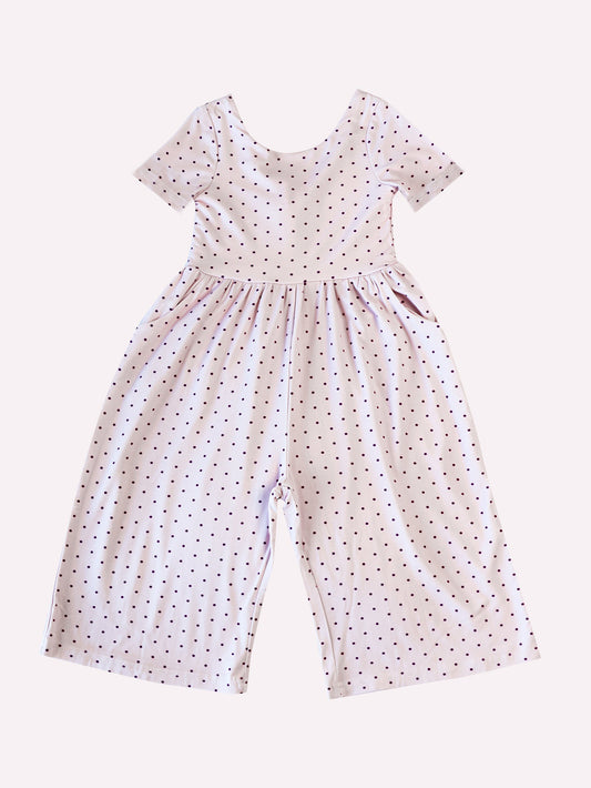 (Custom Design Preorder MOQ 5) Pink Dots Print Pockets Girls Swoop Back Short Sleeve Leggy Jumpsuits