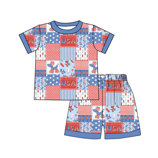 1.3(Custom Design Preorder MOQ 5) Balloon Dog USA Print Boys 4th of July Pajamas Clothes Set