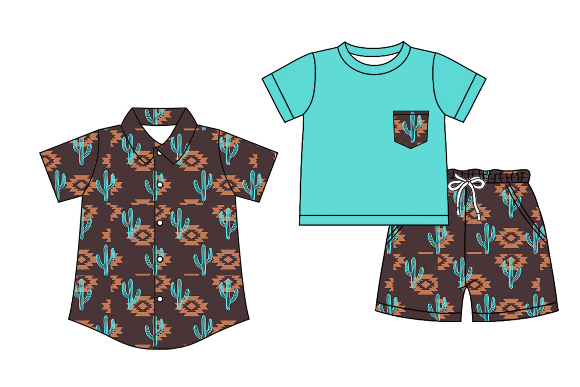4.14(Custom Design Preorder MOQ 5 Each Design) Aztec Cactus Western Print Boys Summer Matching Clothes Brothers Wear