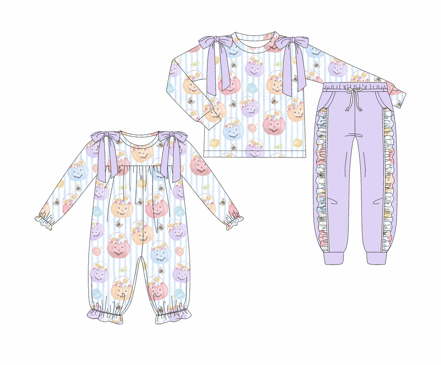 7.1(Custom Design Preorder MOQ 5 Each Design) Pumpkin Stripes Print Girls Halloween Matching Clothes Sisters Wear