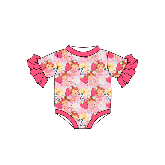 (Custom Design MOQ 5) Cute Pink Strawberry Print Baby Girls Romper