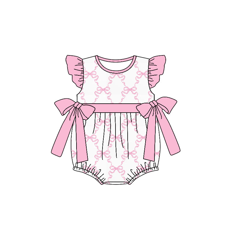 (Custom Design Preorder MOQ 5) Pink Bows Print Baby Girls Summer Romper