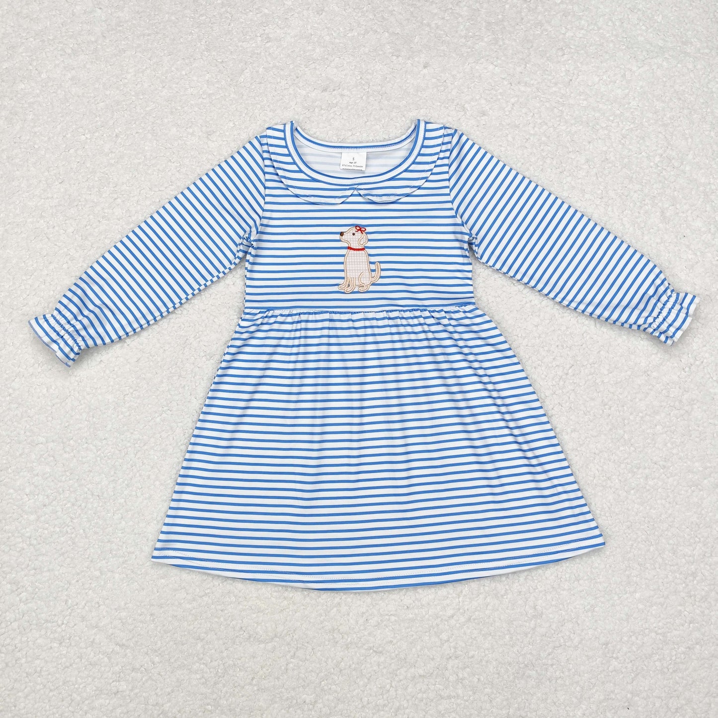 Dog Embroidery Blue Stripes Print Sibling Fall Matching Clothes