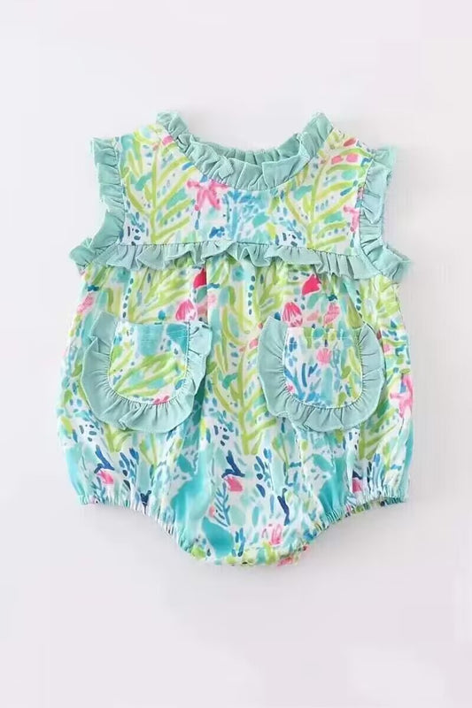 (Custom Design Preorder MOQ 5) Green Flowers Print Pockets Baby Girls Summer Romper