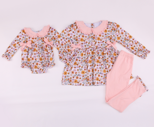 (Custom Design Preorder MOQ 5) Flowers Tunic Top Pink Pants Girls Fall Clothes Set