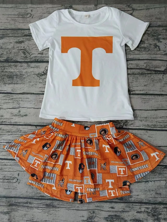 (Custom Design Preorder MOQ 5) Team's Orange T Print Skirts With Shorts Girls Summer Clothes Sets