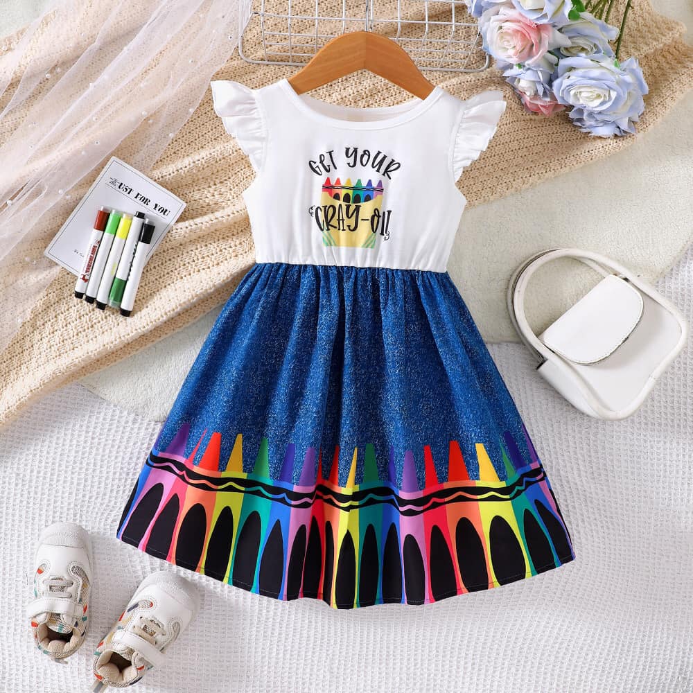 (Custom Design Preorder MOQ 5) Pen Print Girls Back to School Knee Length Dress