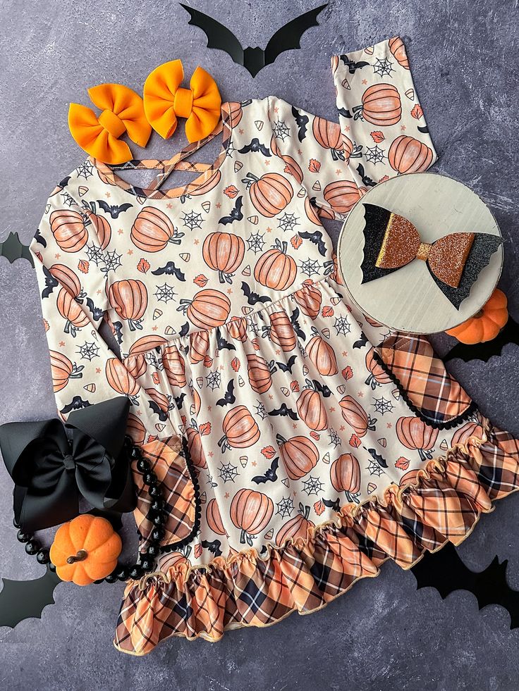 (Custom Design Preorder MOQ 5) Pumpkin Candy Print Girls Knee Length Halloween Dress