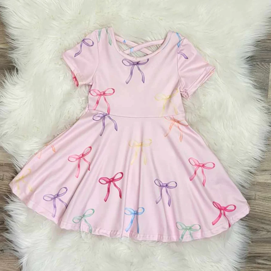 (Custom Design Preorder MOQ 5) Bows Pink Print Girls Knee Length Summer Dress