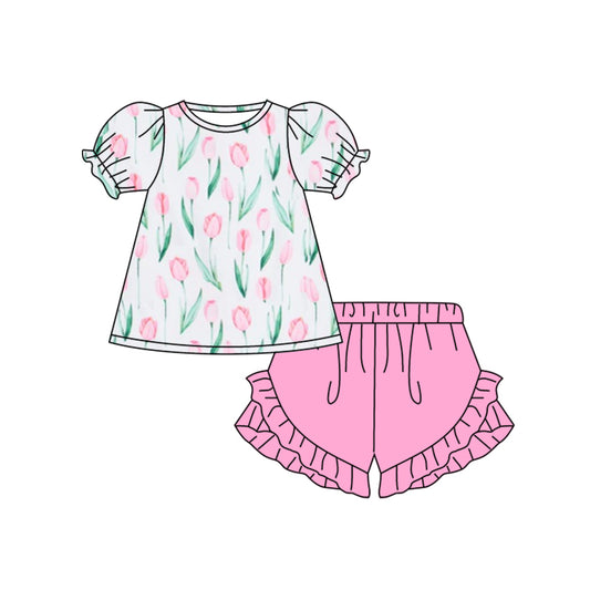 (Custom Design Preorder MOQ 5) Flowers Top Ruffle Shorts Girls Summer Clothes Set