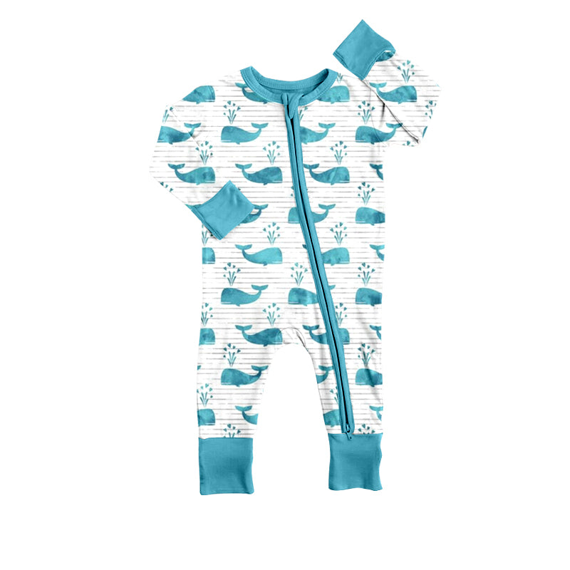 (Custom Design Preorder MOQ 5) Whale Heart Print Baby Boys Valentine's Zipper Romper