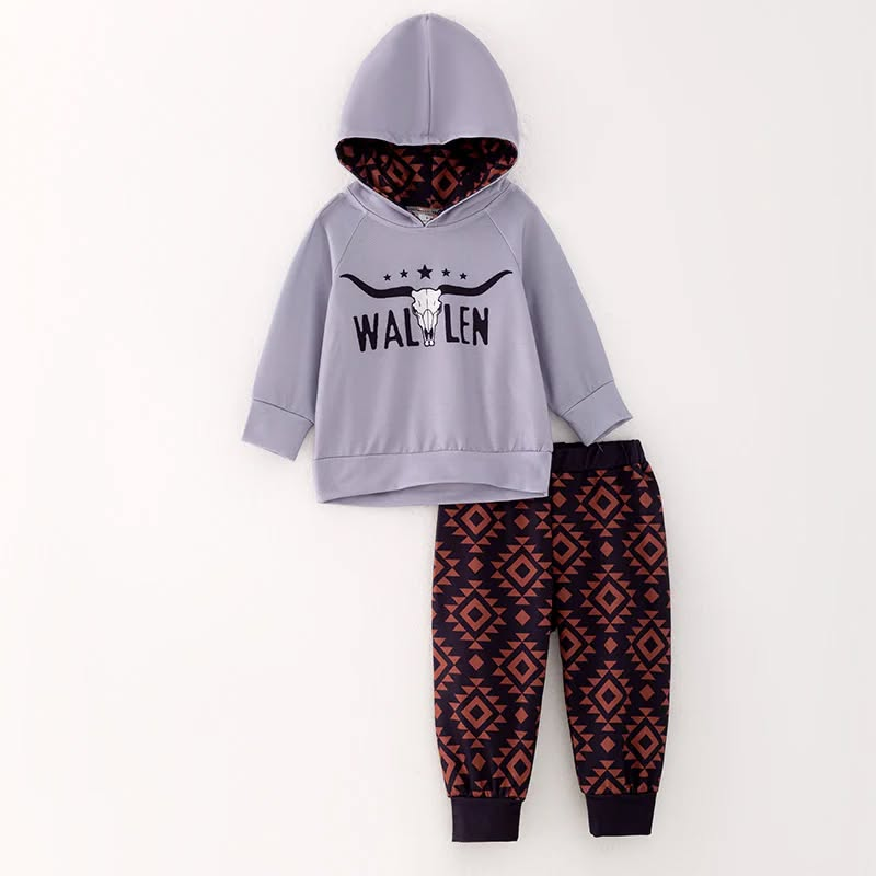 (Custom Design Preorder MOQ 5) WALLEN Grey Hoodie Top Aztec Pants Boys Western Clothes Set