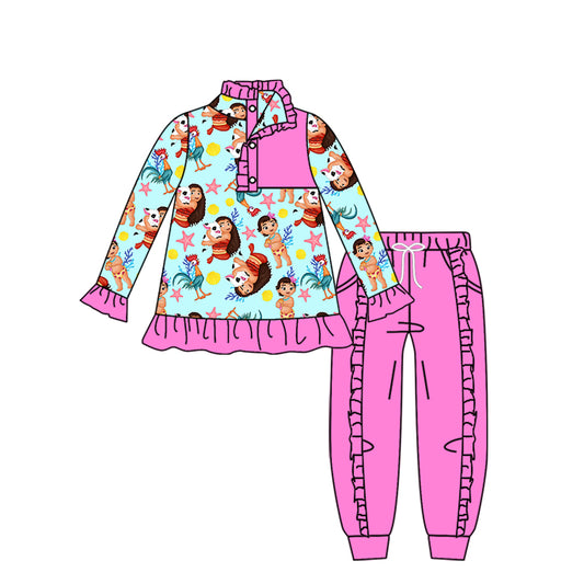 11.16(Custom Design Preorder MOQ 5) Cartoon Princess M*ana Pullover Top Hot Pink Pants Girls Fall Clothes Set