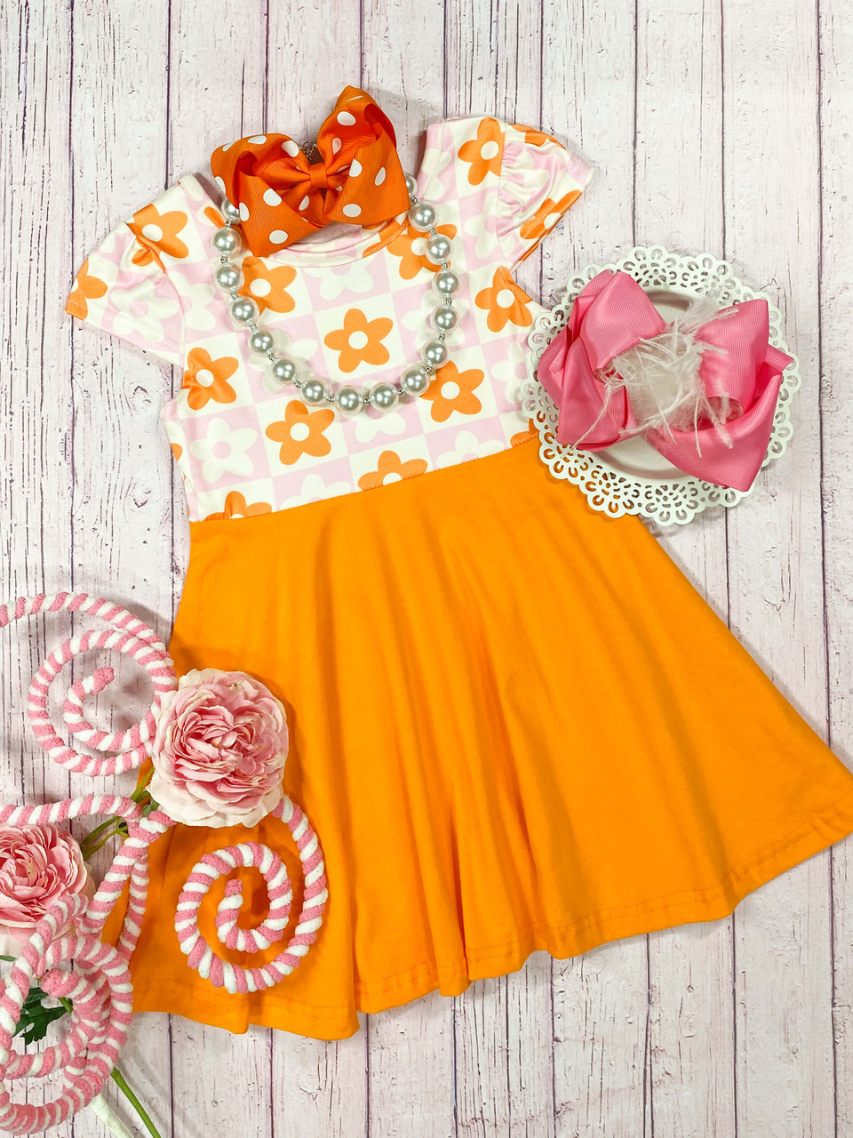 (Custom Design Preorder MOQ 5) Orange Flowers Print Girls Knee Length Dress