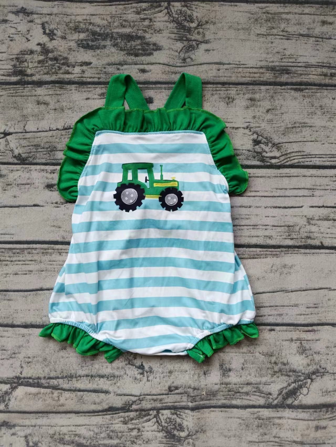 (Custom Design Preorder MOQ 5) Tractors Stripes Print Baby Girls Summer Romper