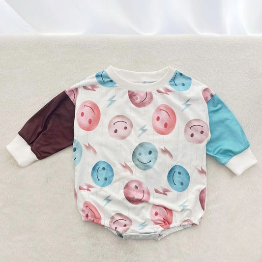 (Custom Design Preorder MOQ 5) Flash Smiling Face Print Baby Kids Romper