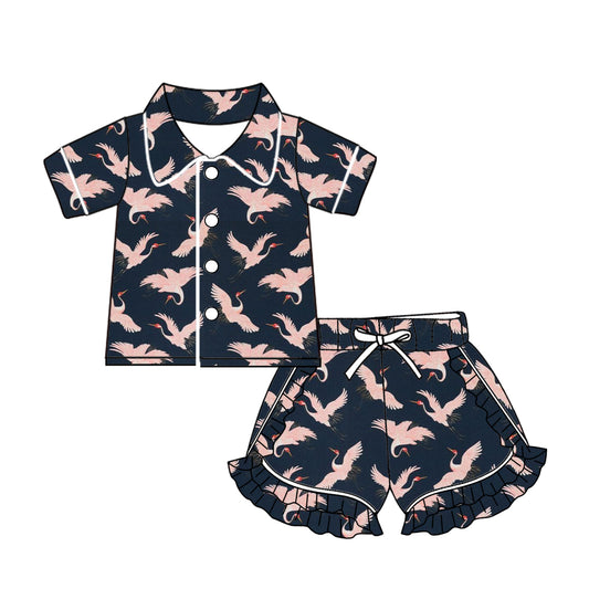(Custom Design Preorder MOQ 5) Red-crowned Crane Navy Print Girls Summer Pajamas Clothes Set