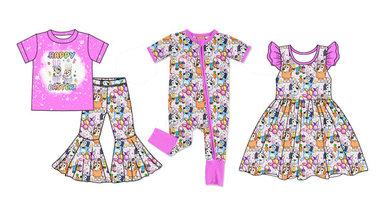 12.12(Custom Design Preorder MOQ 5 Each Design) Cartoon Dog Print Girls Easter Matching Clothes Sisters Wear