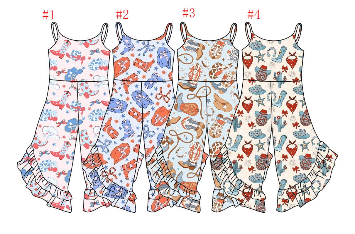2.22(Custom Design Preorder MOQ 5 Each Design) Boots Hat Stars Western Print Girls 4th of July Jumpsuits