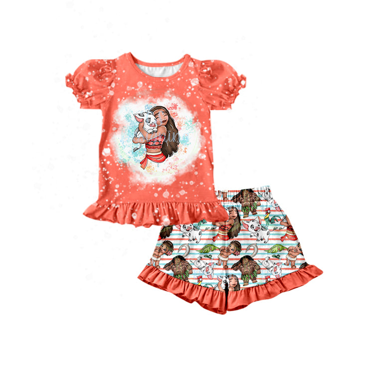 (Custom Design Preorder MOQ 5) Cartoon Pig Beach Print Orange Top Shorts Girls Summer Clothes Set