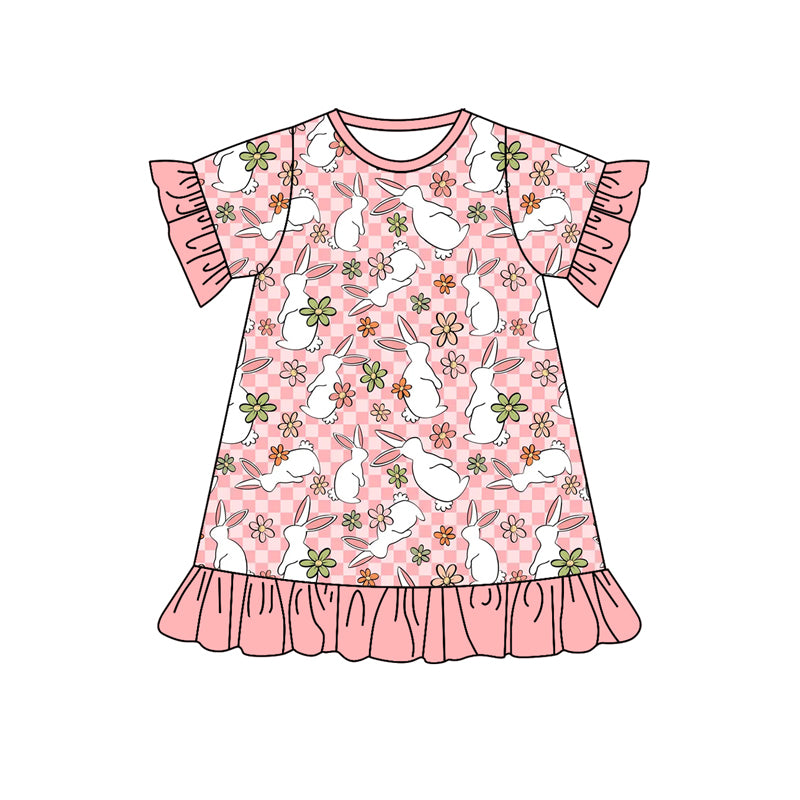 (Custom Design Preorder MOQ 5) Bunny Flowers Plaid Print Girls Easter Knee Length Dress