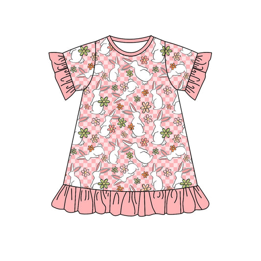 (Custom Design Preorder MOQ 5) Bunny Flowers Plaid Print Girls Easter Knee Length Dress
