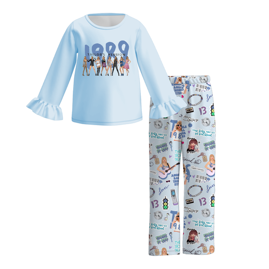 (Custom Design Preorder MOQ 5)  1989 Blue Top Singer Swiftie Pants Girls Fall Clothes Set