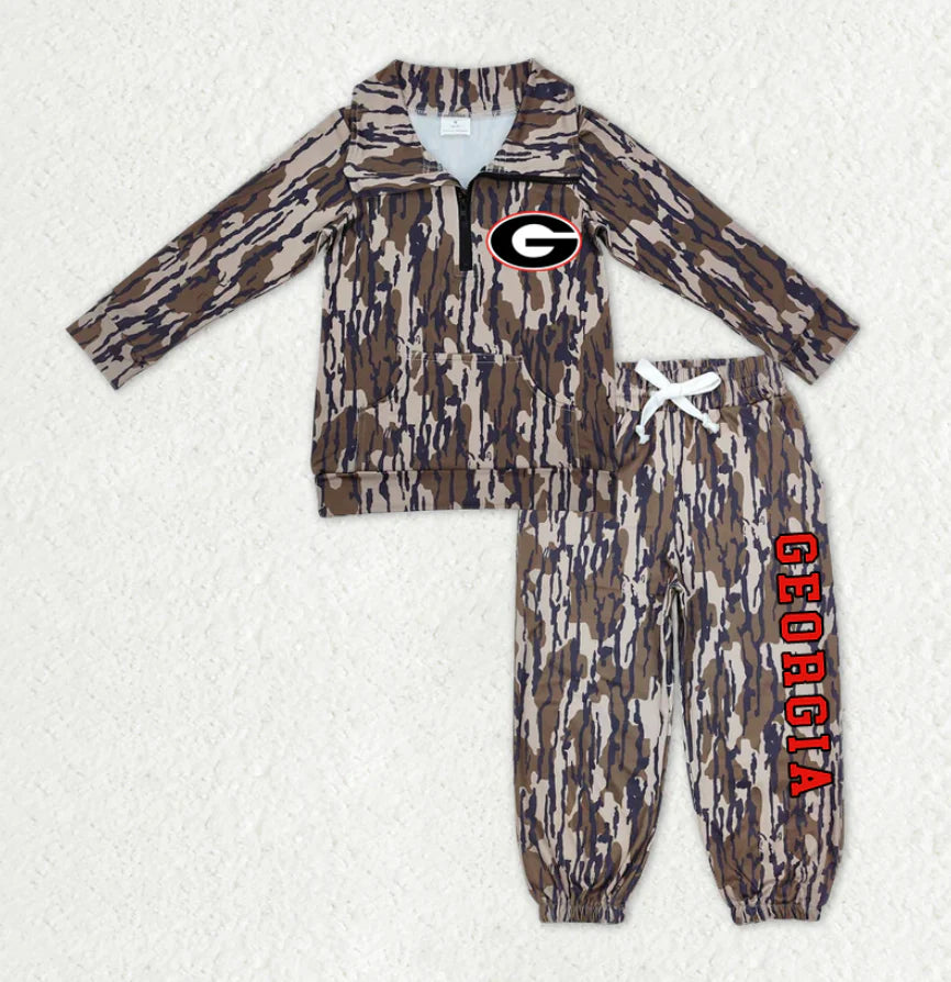(Custom Design Preorder MOQ 5) Team's Georgia Camo Print Zipper Pullover Top Pockets Pants Kids Fall Clothes Set