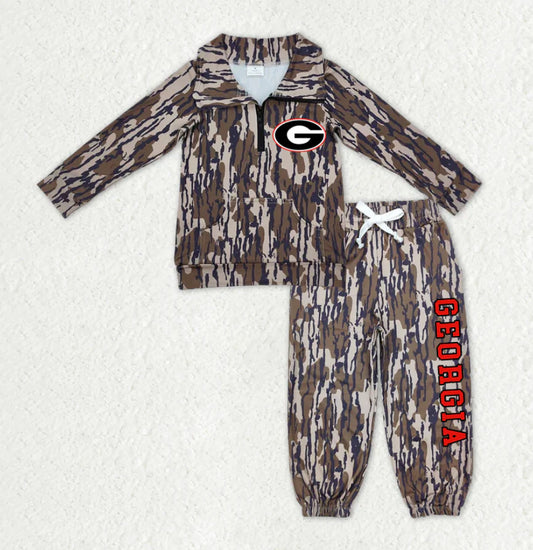 (Custom Design Preorder MOQ 5) Team's Georgia Camo Print Zipper Pullover Top Pockets Pants Kids Fall Clothes Set