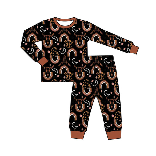 (Custom Design Preorder MOQ 5)  Skull Rainbow Brown Print Girls Fall Pajamas Bamboo Clothes Set