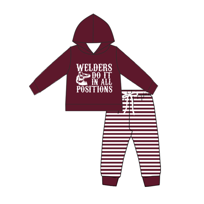 (Custom Design Preorder MOQ 5) Welder Wine Hoodie Top Stripes Pants Boys Fall Clothes Set