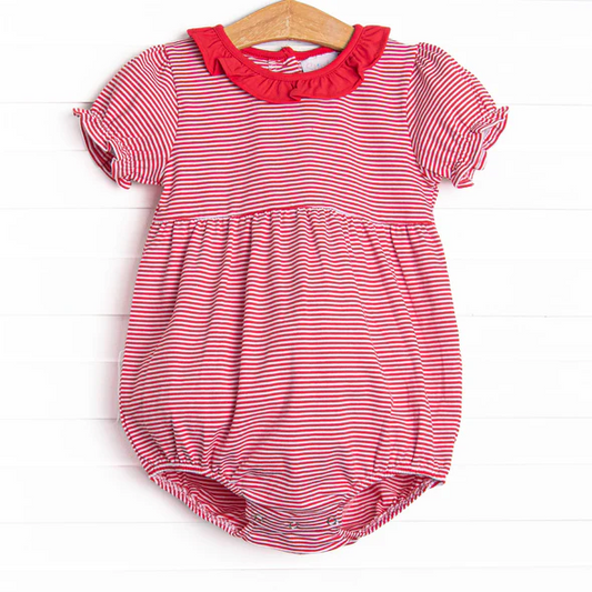 (Custom Design Preorder MOQ 5) Red Stripes Print Baby Girls Summer Romper