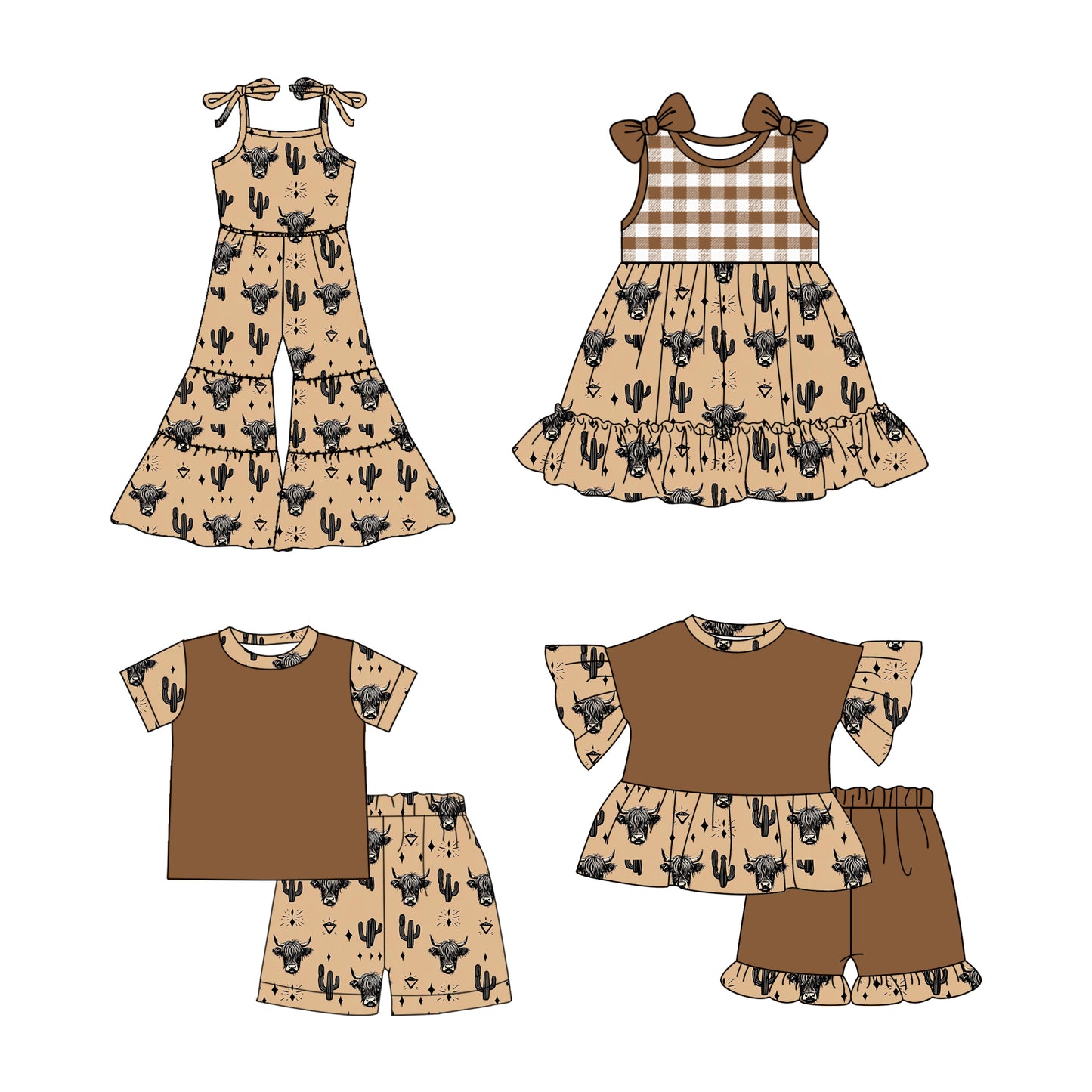 2.24(Custom Design Preorder MOQ 5 Each Design) Highland Cow Brown Print Kids Summer Matching Clothes Sibling Wear
