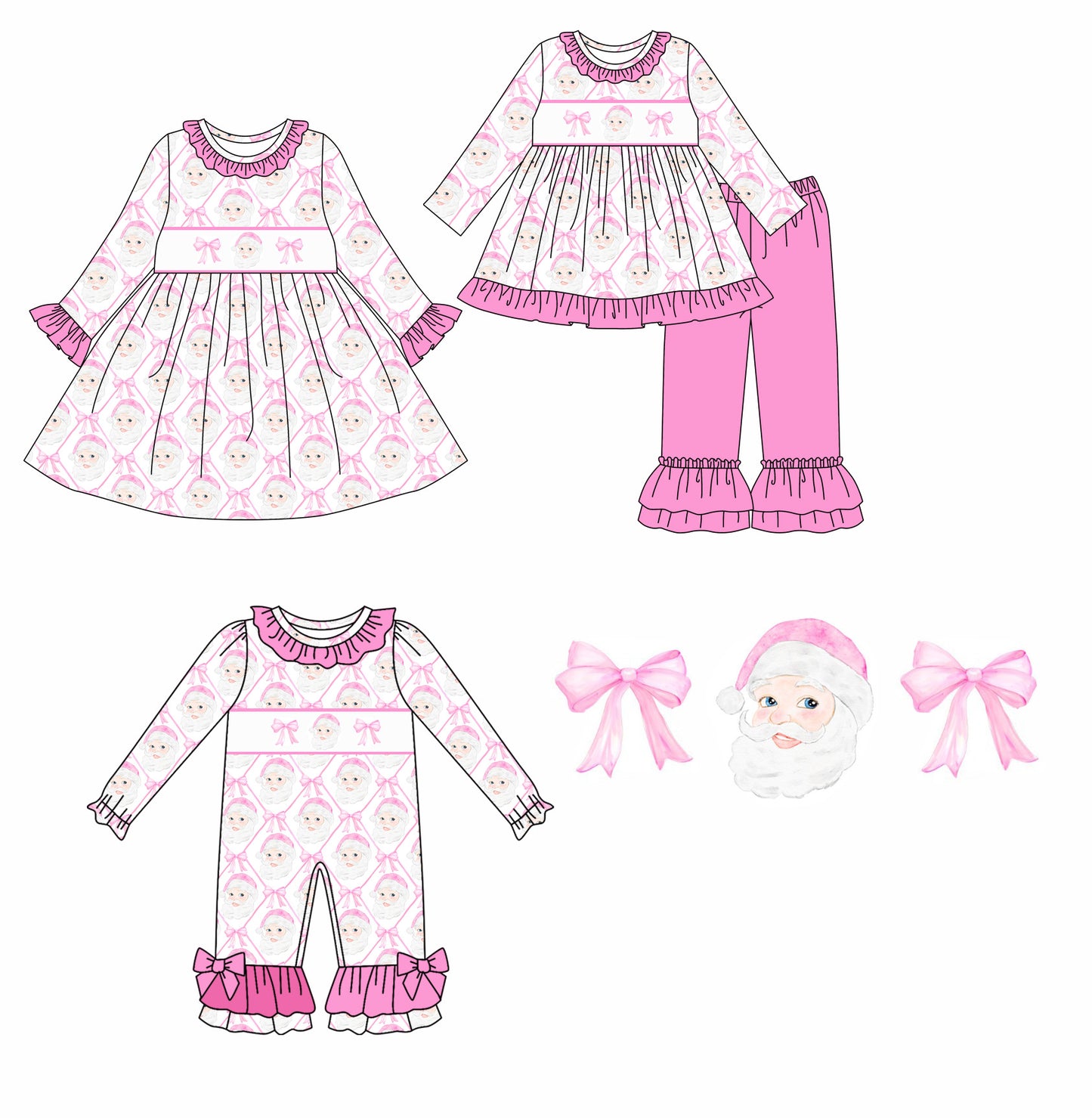 5.22(Custom Design Preorder MOQ 5 Each Design) Santa Pink Bows Print Girls Christmas Matching Clothes Sisters Wear