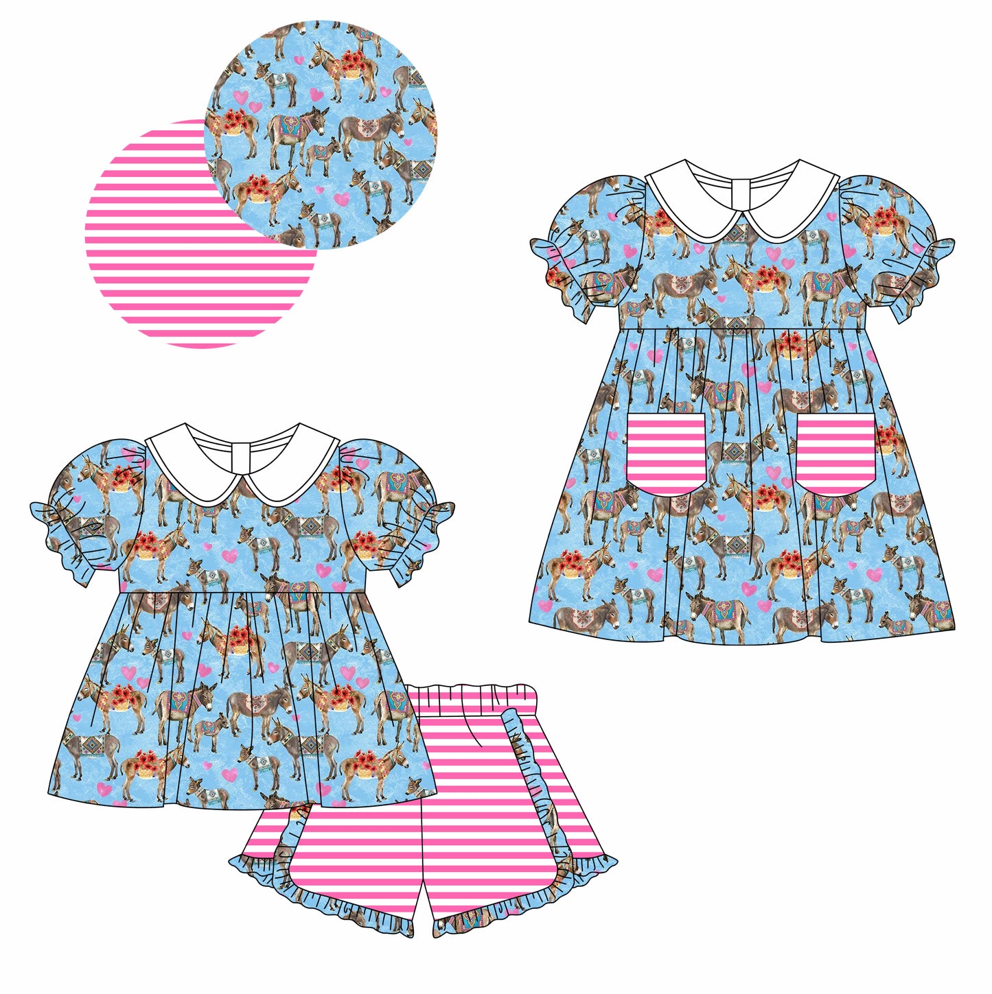 11.16(Custom Design Preorder MOQ 5 Each Design) Donkey Flowers Print Girls Summer Matching Clothes Sisters Wear