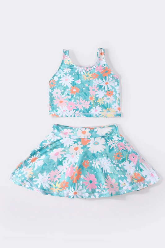 (Custom Design Preorder MOQ 5) Flowers Blue Print Skirts Girls Summer Clothes Set