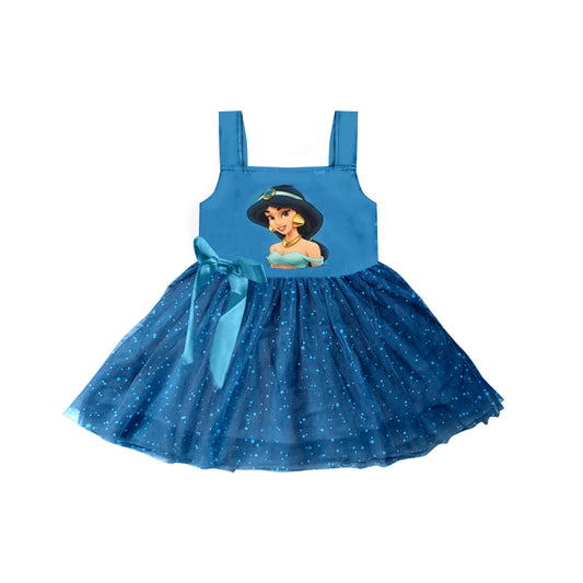 (Custom Design Preorder MOQ 5) Cartoon Princess Blue Print Girls Knee Length Summer Tulle Dress