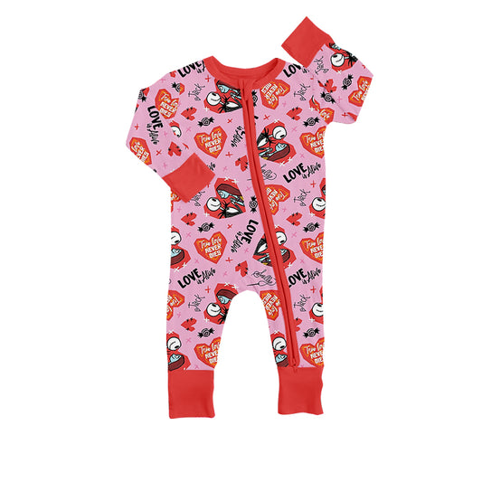(Custom Design Preorder MOQ 5) LOVE Heart Print Baby Girls Valentine's Zipper Romper